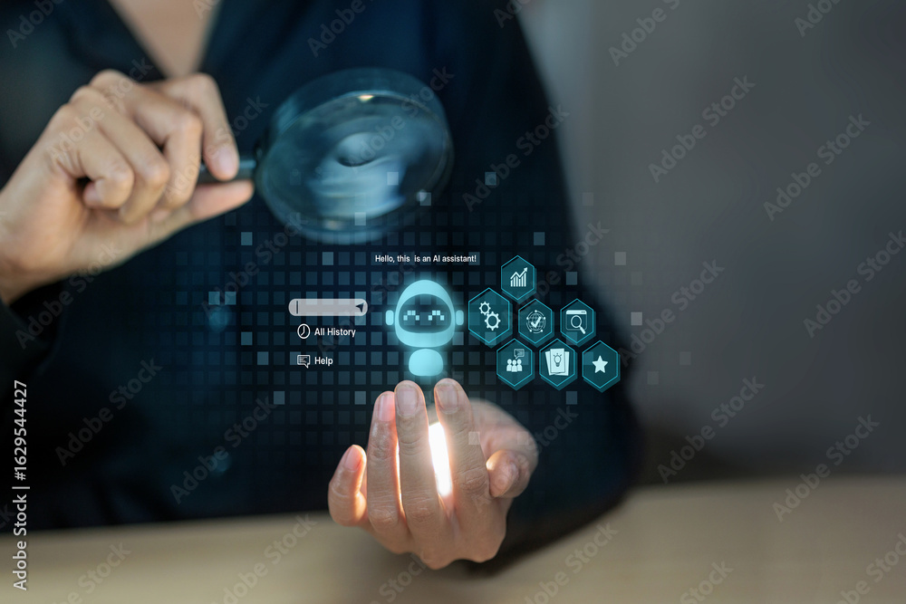 Poster artificial intelligence virtual assistant with digital technology icons