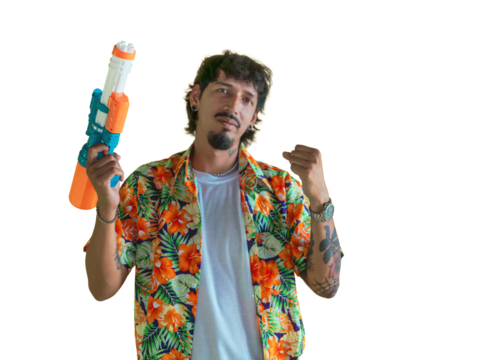 Young man wearing a colorful Hawaiian shirt holding a water gun against a yellow background, fun and vibrant atmosphere, perfect for Songkran festival on transparent background