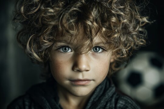 A young child with curly hair gazes intently at the camera, exuding innocence and curiosity. The soft lighting and neutral background highlight their thoughtful expression. Young soccer player. - Powered by Adobe