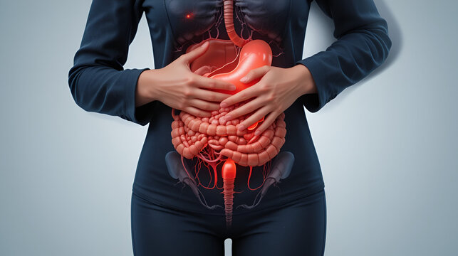 Illustration of internal organs is on the woman's body against the gray background. Business Woman touching stomach painful suffering from enteritis. internal organs of the human body.
