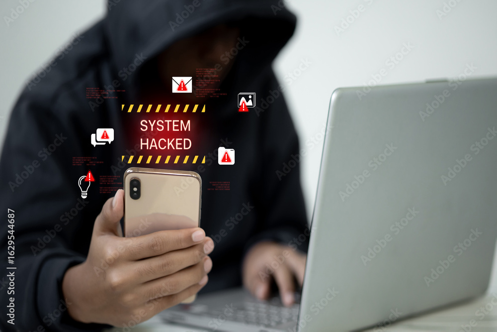 Poster hacker holding smartphone with system hacked alert cybersecurity concept