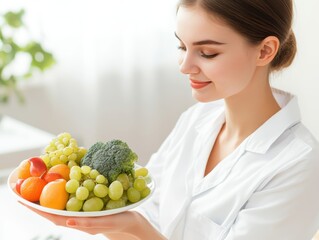 Portrait of joyful European nutritionist in lab coat holding plate of fresh fruits and veggies at weight loss clinic, recommending balanced plant based diet