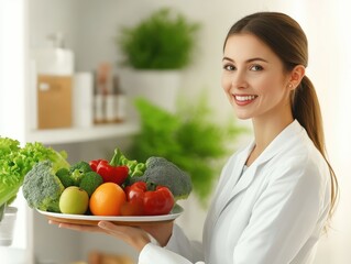 Portrait of joyful European nutritionist in lab coat holding plate of fresh fruits and veggies at weight loss clinic, smiling at camera, recommending balanced plant based diet