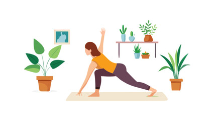 Woman practicing yoga pose at home for wellness and fitness with indoor plants and picture frame art