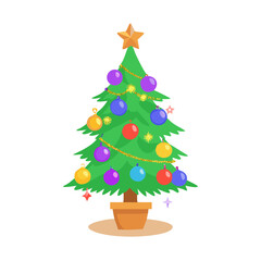 Traditional Christmas Tree with Colorful Ornaments, Garland, and Star Topper