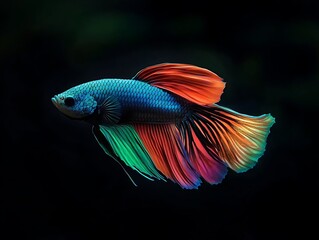 Fototapeta premium Vibrant and Colorful Betta Fish Swimming in Dark Water with Flowing Fins and Iridescent Scales Displaying Beauty of Nature