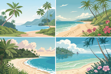 Summer Beach Backgrounds Vector – Tropical Seaside Landscape with Ocean Waves, Sand, Palm Trees, Sunset Sky, Vacation Theme Illustration for Travel, Holiday, and Nature Design Projects

