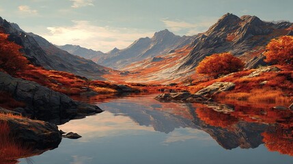 Obraz premium A serene valley vista of autumnal hues. Mountains frame the still lake reflecting the colorful landscape