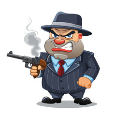 Angry Cartoon Mobster or Gangster with a Fedora Hat and Smoking Gun