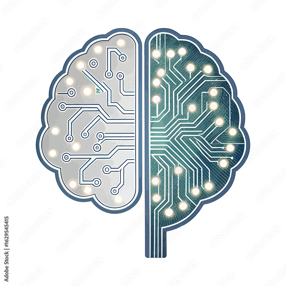 Poster brain circuits: a captivating digital depiction of the brain, artfully merged with intricate circuit
