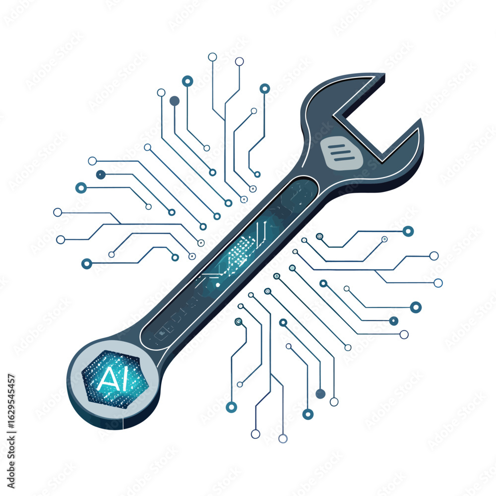 Poster ai wrench technology: a stylized wrench integrates with a digital circuit board and artificial intel