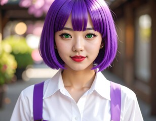 Young woman with vibrant purple bob wig and green contact lenses, outdoors