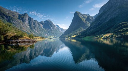 Fototapeta premium A serene fjord reflecting majestic mountains on a calm lake under a clear blue sky, with lush greenery