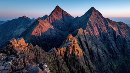 Naklejka premium Rugged mountain peaks bathed in dawn light
