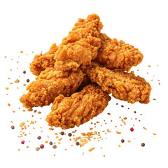 Crispy golden fried chicken tenders with scattered salt and pepper isolated on transparent background