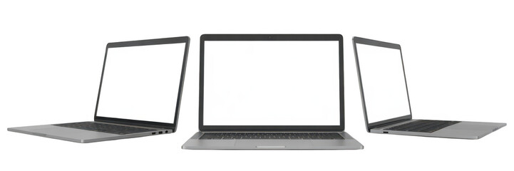 Three modern laptops arranged in a semi circle isolated on transparent background