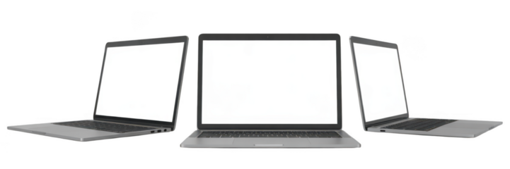 Three modern laptops arranged in a semi circle isolated on transparent background
