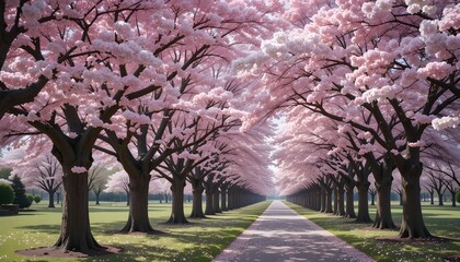 Naklejka premium Serene park pathway lined with blooming cherry trees in vibrant spring splendor