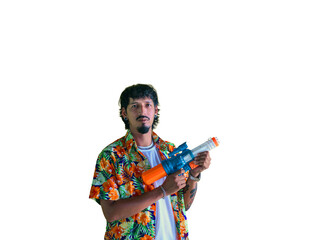 Young man wearing a colorful Hawaiian shirt holding a water gun against a yellow background, fun and vibrant atmosphere, perfect for Songkran festival or summer party  on transparent background