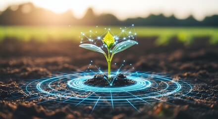 Small Plant Sprouting from Soil Surrounded by Digital Network, Symbolizing Modern Agriculture Innovation, Smart Farming, Eco Friendly Technology, Sustainable Growth, and Future of Agri Tech Solutions.