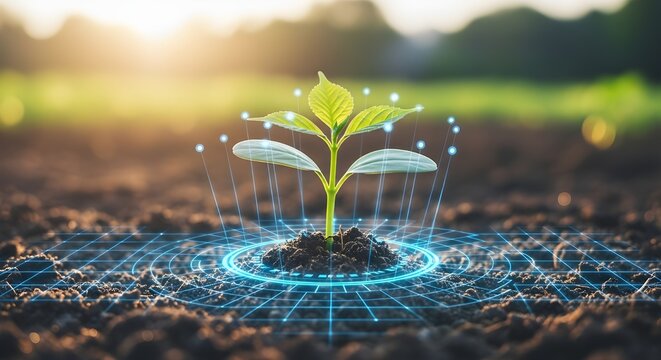Small Plant Sprouting from Soil Surrounded by Digital Network, Symbolizing Modern Agriculture Innovation, Smart Farming, Eco Friendly Technology, Sustainable Growth, and Future of Agri Tech Solutions.