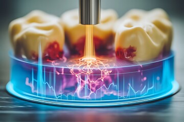 Advanced dental technology application for tooth restoration in laboratory with futuristic effects and detailed imagery