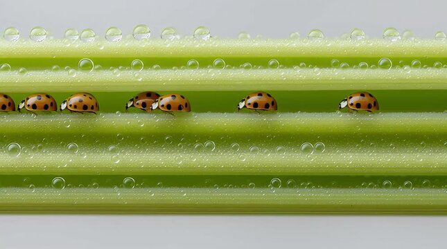 Line of ladybugs walking on fresh green celery stalk covered with dew drops