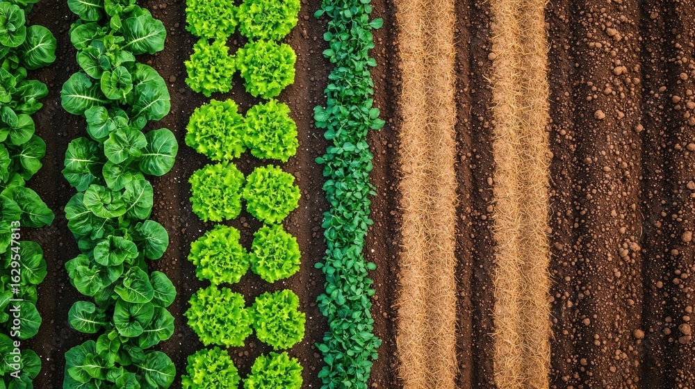 Poster aerial view showcasing the diverse farmland with crops arranged in neat organized rows the image dep