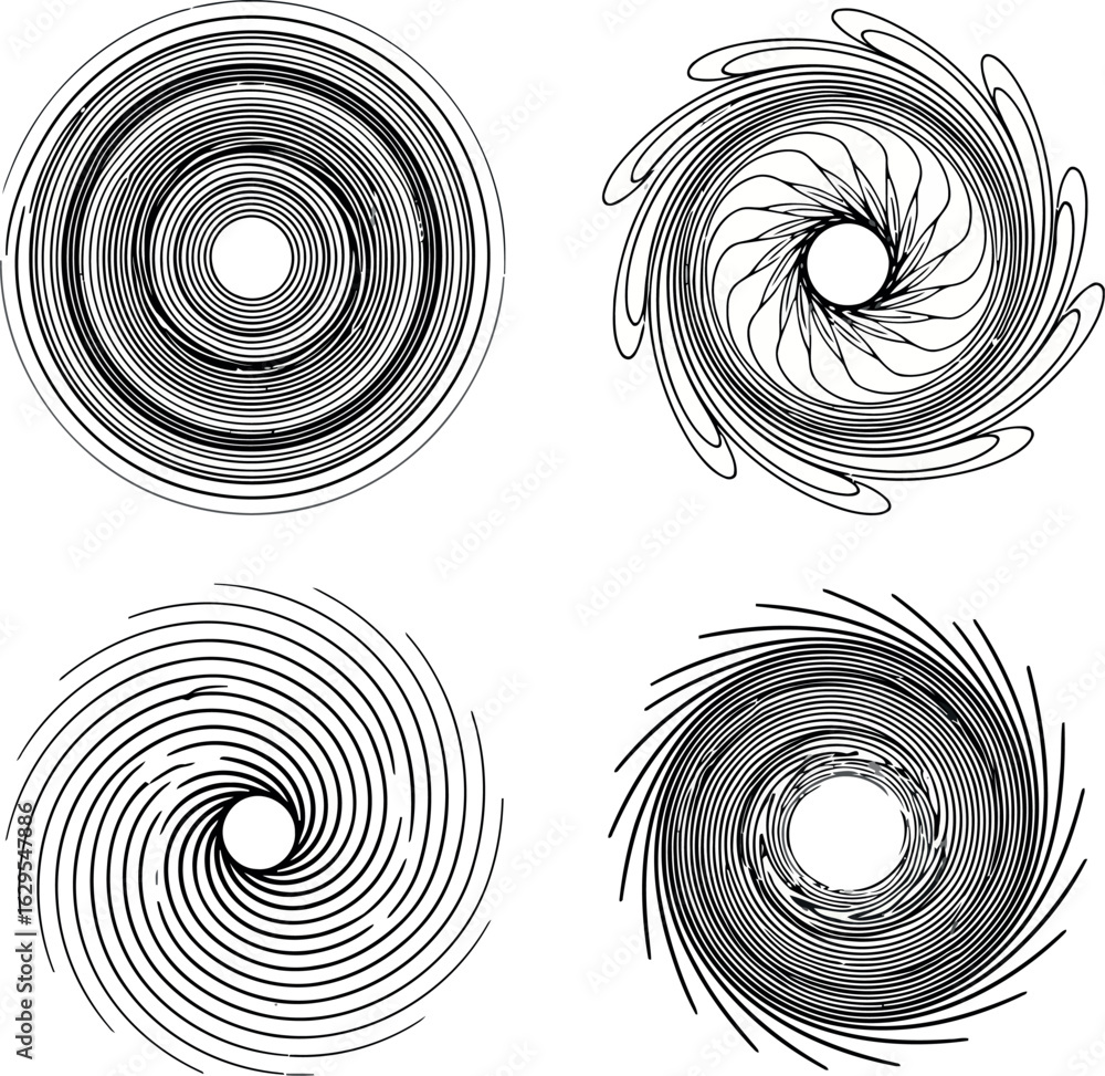 Poster vector art of abstract black and white spiral vortex patterns isolated on white background transpare