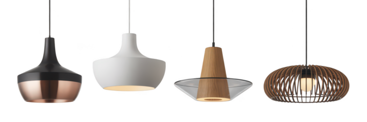 Four modern pendant lights with unique designs isolated on transparent background