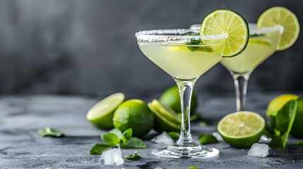 Refreshing Margarita Cocktails with Lime in Elegant Glasses on Gray Background