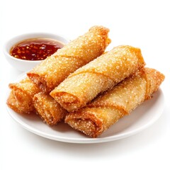 Delicious Golden Fried Egg Rolls Served with Sweet Chili Sauce on a Plate