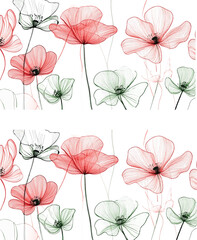 Delicate watercolor poppies with fine line sketch details on white background