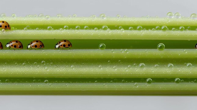 Ladybugs crawling on dewy green celery stalk in a line with water droplets