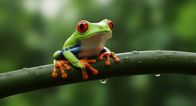 Captivating wildlife photography of a tropical Red-eyed Tree Frog, focusing on its vivid green skin and iconic red eyes on a textured, wet stem.