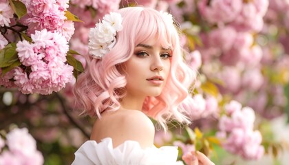 Fototapeta premium Woman with pink hair in cherry blossom