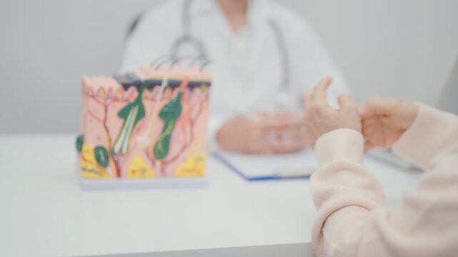 woman Patient consultation Dermatologist with anatomy of skin and hair. Skin disease and Hair loss, Systemic Lupus Erythematosus or SLE, world lupus day, May Melanoma and Skin Cancer Awareness month