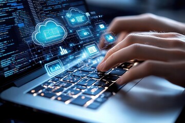 Coding with Cloud Computing Icons on Laptop Glowing Keyboard and Digital Elements