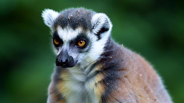 Ring-tailed Lemur Portrait with Bright Orange Eyes in Natural Green Habitat