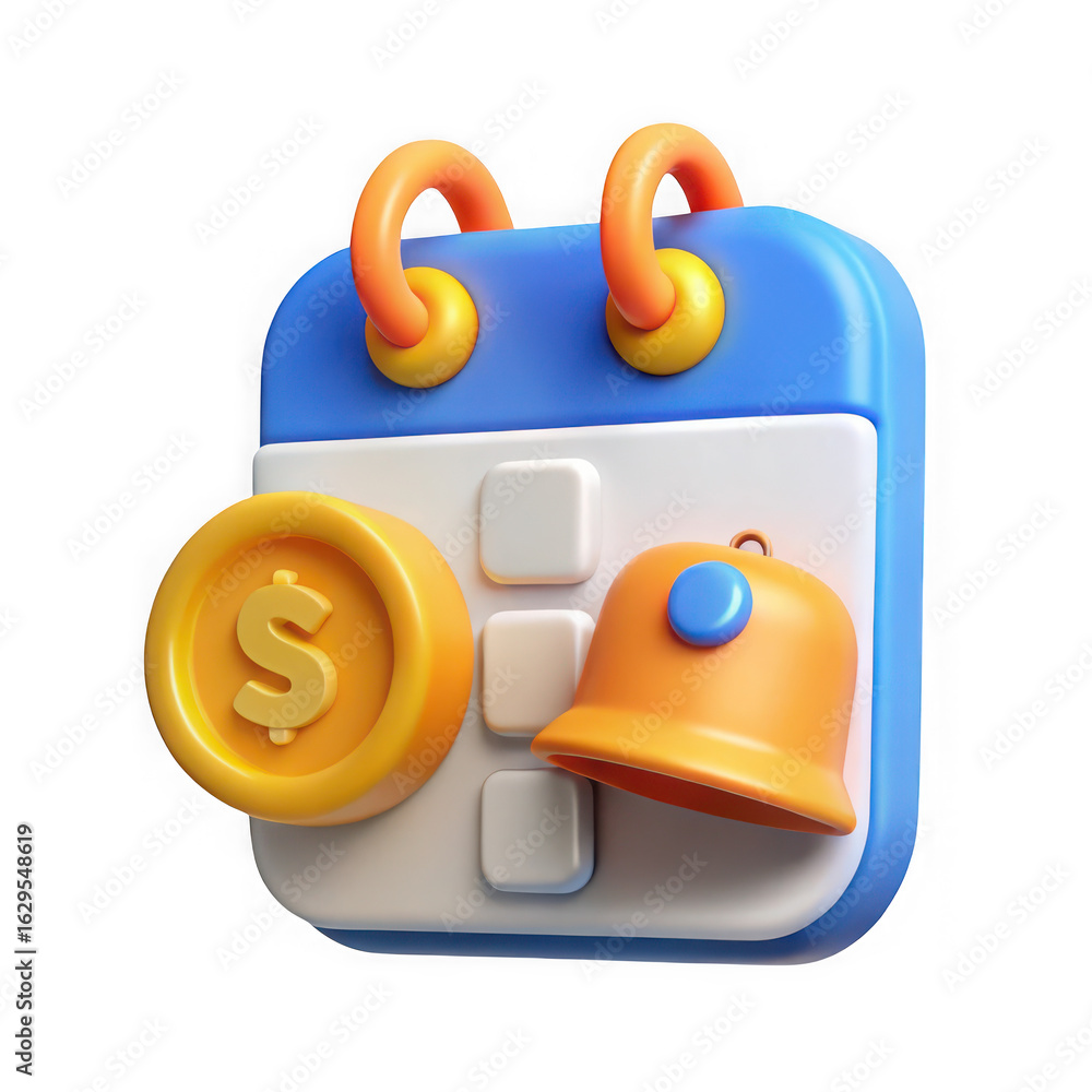 Poster 3d illustration of a 3d render of a calendar with a coin and a bell representing reminders for finan