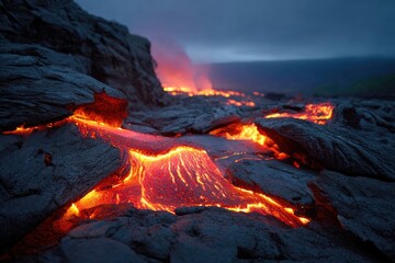 Obraz premium Molten lava flows over dark volcanic rock at twilight