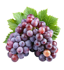 Fototapeta premium Freshly harvested bunch of red grapes with green leaves isolated on transparent background