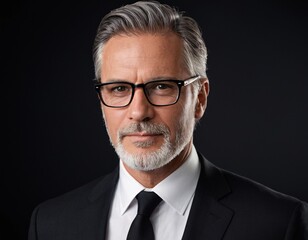 Refined Gentleman Portrait: A distinguished, middle-aged businessman of sophisticated appearance exudes confidence, charisma, and experience in a professional studio setting.