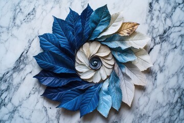 Obraz premium A mesmerizing spiral arrangement of dyed leaves in varying shades of blue and white, creating a captivating visual effect on a marble background.