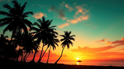 Tropical sunset silhouettes palm trees over ocean horizon