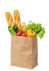 Brown paper grocery bag filled with fresh produce and bread isolated on transparent background