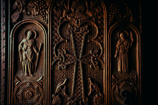 Wooden door in Sevanavank monastery in Armenia