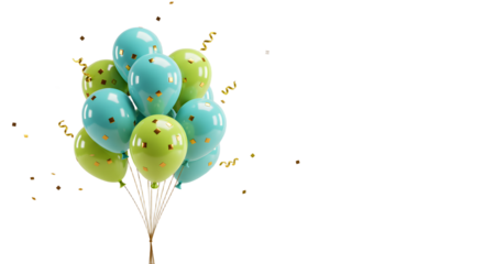 Blue and green balloons with gold confetti floating on white background, festive decoration for parties and celebrations