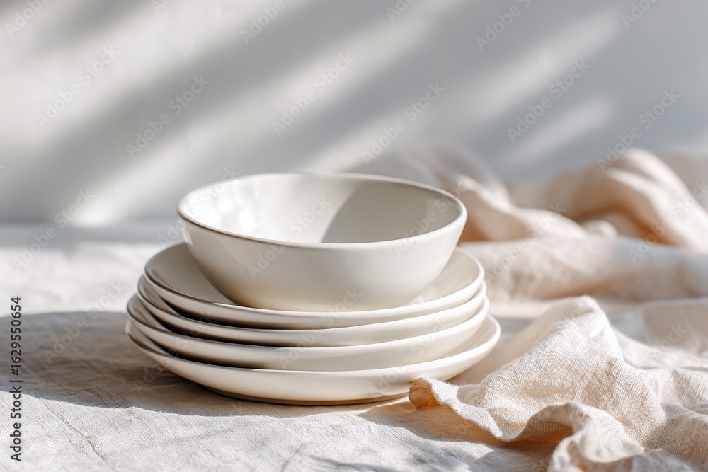 Poster matte white dishware stacked elegantly in soft light on a neutral table setting