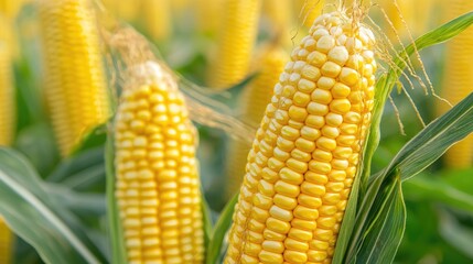 Farmer examining and checking the and ripeness of the fresh corn crop in a sunlit agrarian field  The golden ears of corn are ready for harvest